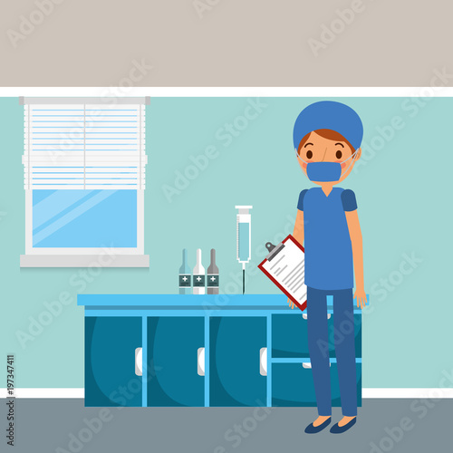 medical surgeon with uniform in room consultation medicine cabinet vector illustration © Gstudio