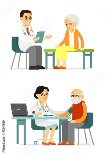 Medicine concept with doctor and senior patient in flat style isolated on white background