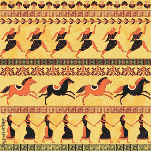Obraz na plátně Seamless pattern with ancient greek people, horses and ornament