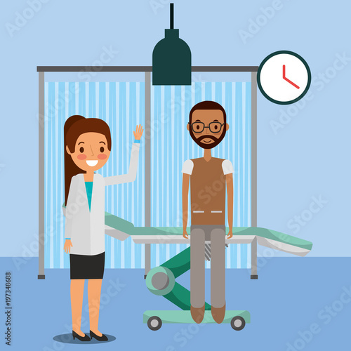 medical people professional female with patient in the stretcher consultation room vector illustration