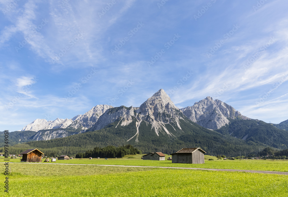 Austria, Tyrol, Lermoos, Ehrwalder Becken, View to Ehrwalder Sonnenspitze,  Gruenstein, Ehrwald, Mieminger Kette Stock Photo | Adobe Stock