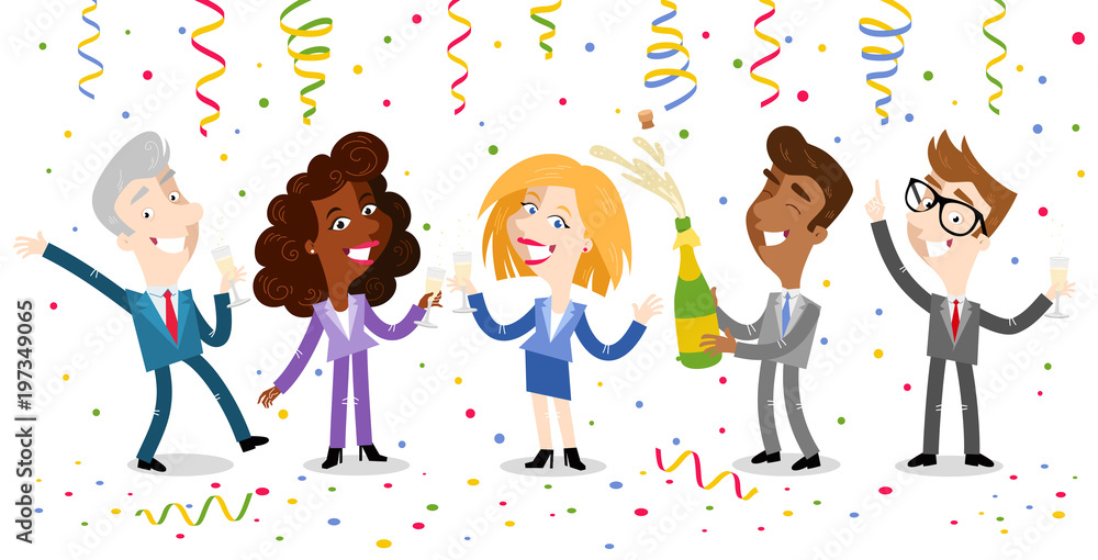 Vector illustration of group of happy cartoon business people celebrating and drinking champagne with festoons and confetti isolated on white background Stock Vector | Adobe Stock Vector illustration of group of happy cartoon business people celebrating and drinking champagne with festoons and confetti isolated on white background Stock Vector | Adobe Stock