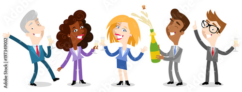 Vector illustration of group of happy cartoon business people celebrating and drinking champagne isolated on white background