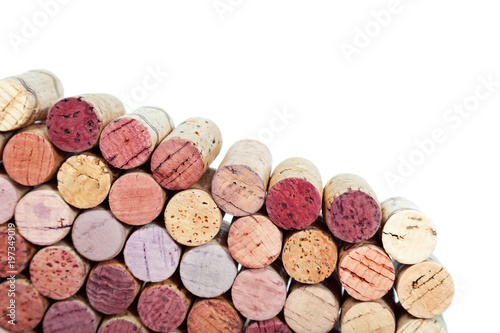Used wine corks isolated on white background. Colorful corks from white and red wine bottles.