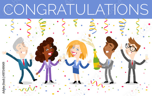 Vector illustration of group of happy cartoon business people celebrating and drinking champagne with festoons, confetti, congratulations sign isolated on white background