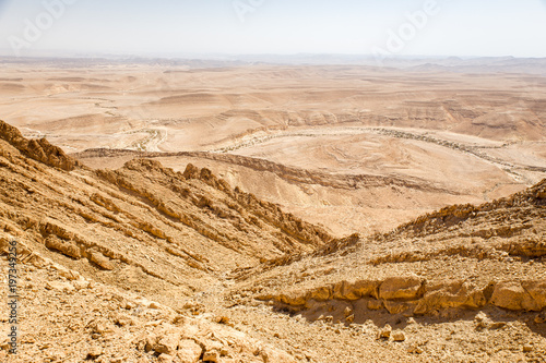 Desert crater mountain ridge cliffs landscape view, Israel nature. photo