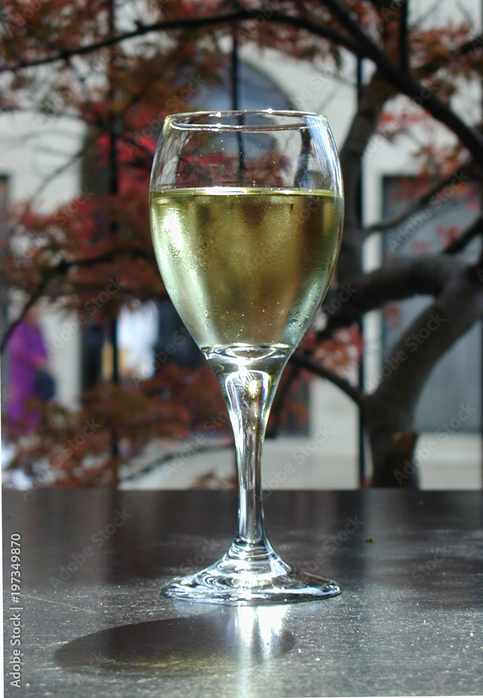 Isolated close up of chilled white wine with condensation on wine glass in outdoor patio Isolated close up of chilled white wine with condensation on wine glass in outdoor patio
