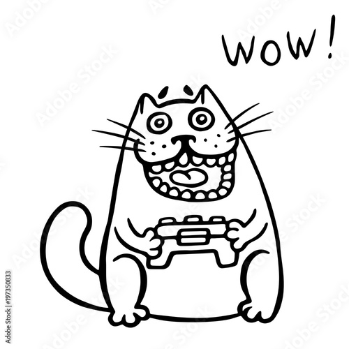 Video gamer cat plays on the console. Isolated vector illustration.