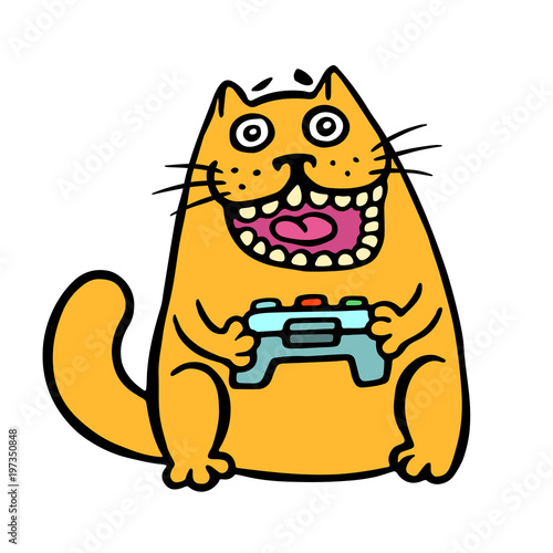 Cat keeps the joystick from the console. Vector Illustration.