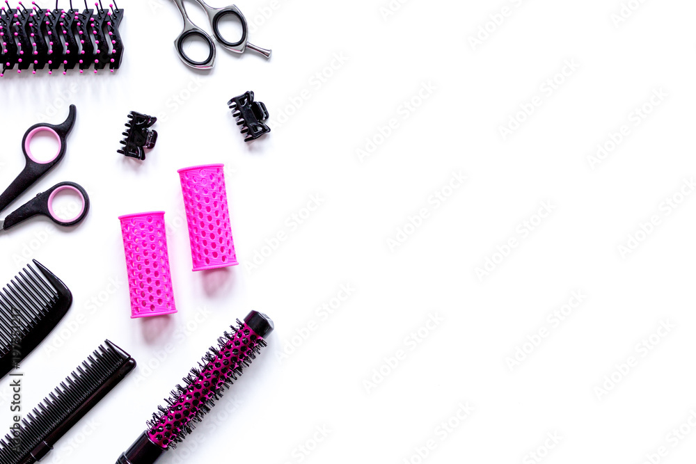 preparations for styling hair on white background top view preparations for styling hair on white background top view