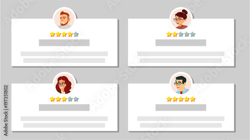 Customer Feedback Vector. Reviews Golden Stars Rate. User Photo. Notification Messages. Business Quality Work. Flat Cartoon Illustration