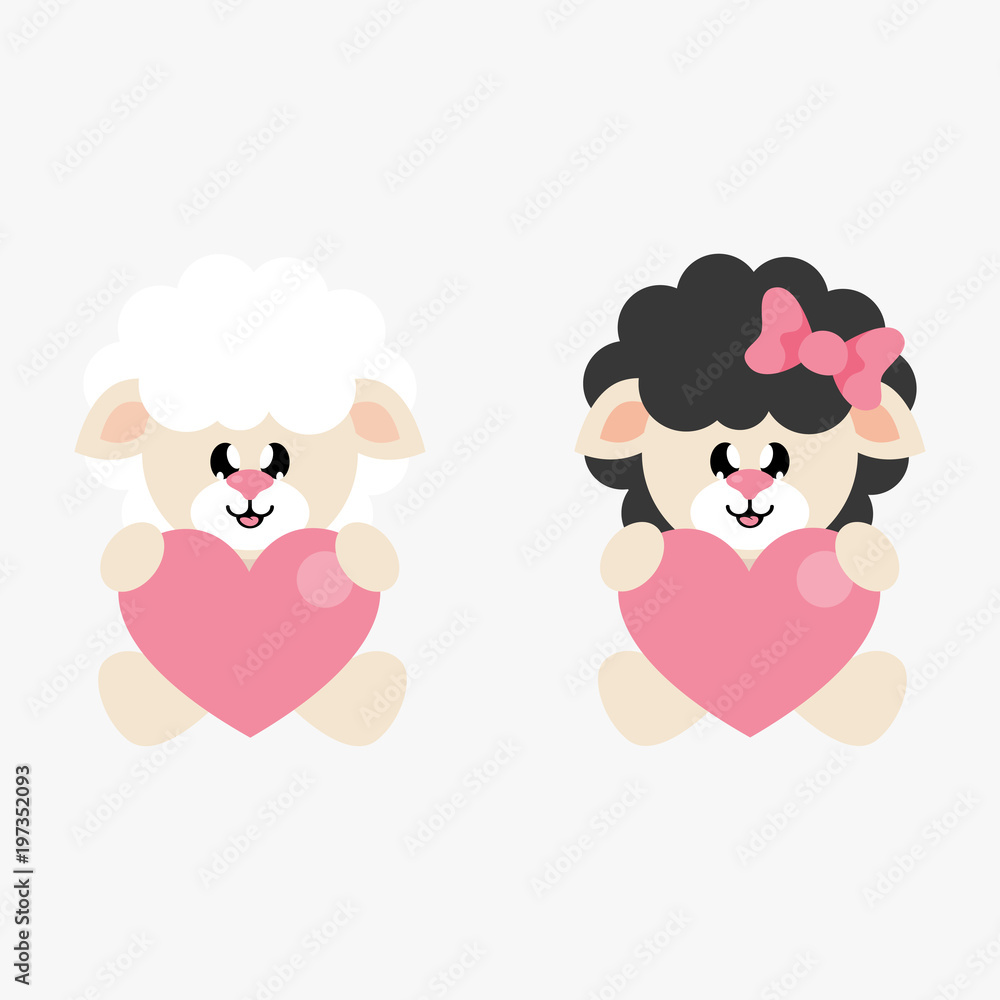 cartoon cute sheep white boy and sheep black black sitting with heart cartoon cute sheep white boy and sheep black black sitting with heart