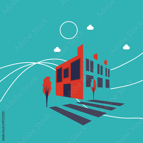 Isometric Virtual Reality imitation vector illustration: 3D Game or shooter style shop, hotel or restaurant building. Urban cityscape made in a futuristic glitch virtual reality style.