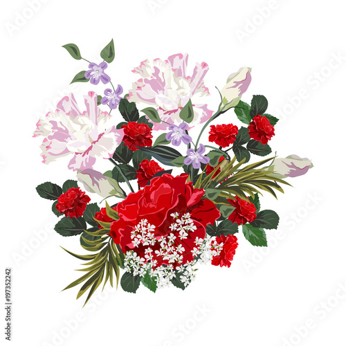 Bouquet of red roses. Decor elements for greeting cards, wedding invitations, birthday and other celebrations. Isolated on white background.