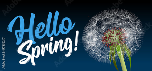 Text message hello spring, against a background of a spring landscape with a dandelion close-up