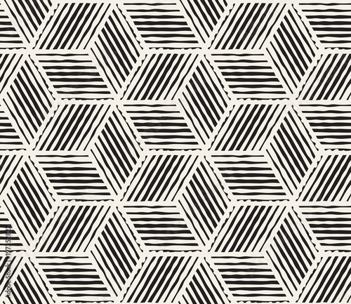 Hand drawn black and white ink striped seamless pattern. Vector grunge lattice texture. Monochrome brush  strokes lines background