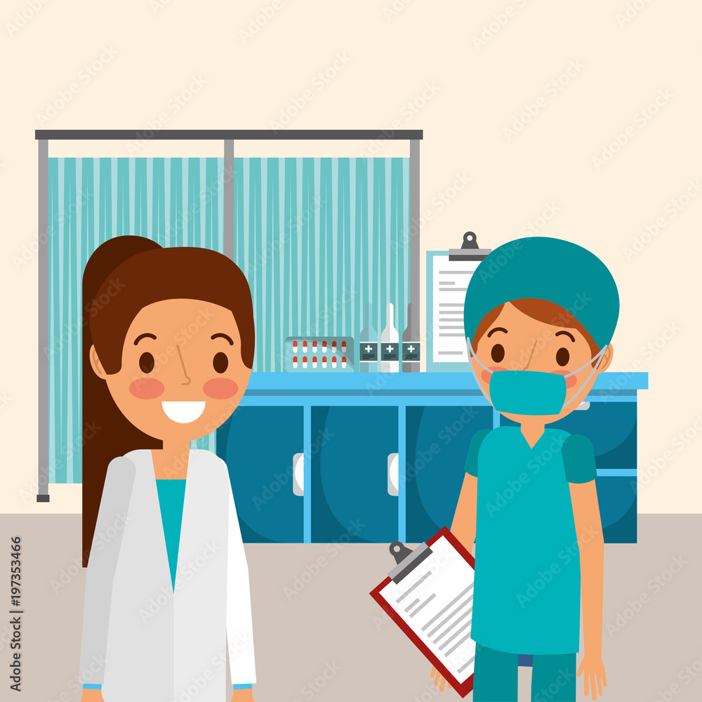 female doctor and nurse with mask holding report medicine vector illustration female doctor and nurse with mask holding report medicine vector illustration