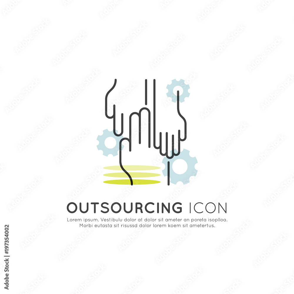 Vector Illustration Icon Graphic Element of Outsourcing Convept with Online Network, Laptop and Globe, Hand Shake