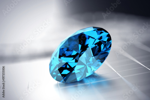 Blue Gem Diamond placed on silver background  3d illustration.