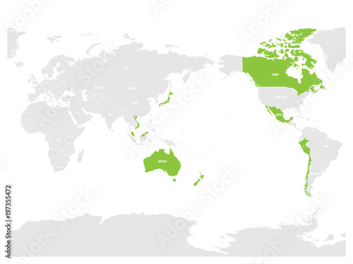 Map of Comprehensive and Progressive Agreement for Trans-Pacific Partnership, CPTPP or TPP11. Green highlighted member states. Vector illustration.