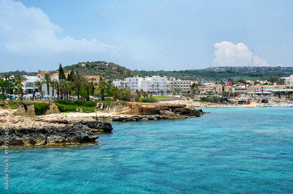 The panorama of the rocky cliffs on the coastline next to Ayia Napa, Cyprus.