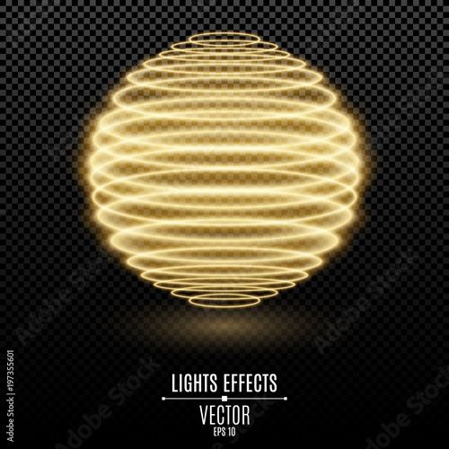 Abstract glowing 3d sphere from golden neon lines on a transparent background. Light effect. Luminous graphic element. Vector illustration