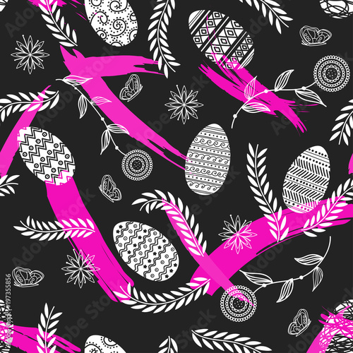 EASTER PAINTED EGGS AND FLORAL ORNAMENTS. HOLIDAY DECORATIVE TEXTURE. SEAMLESS VECTOR PATTERN