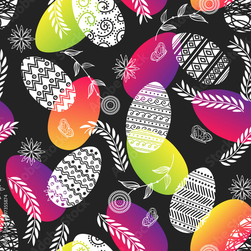 EASTER PAINTED EGGS AND FLORAL ORNAMENTS. HOLIDAY DECORATIVE TEXTURE. SEAMLESS VECTOR PATTERN