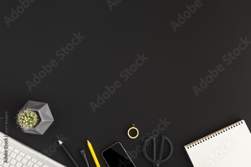 Black template  office business workspace. Flat lay