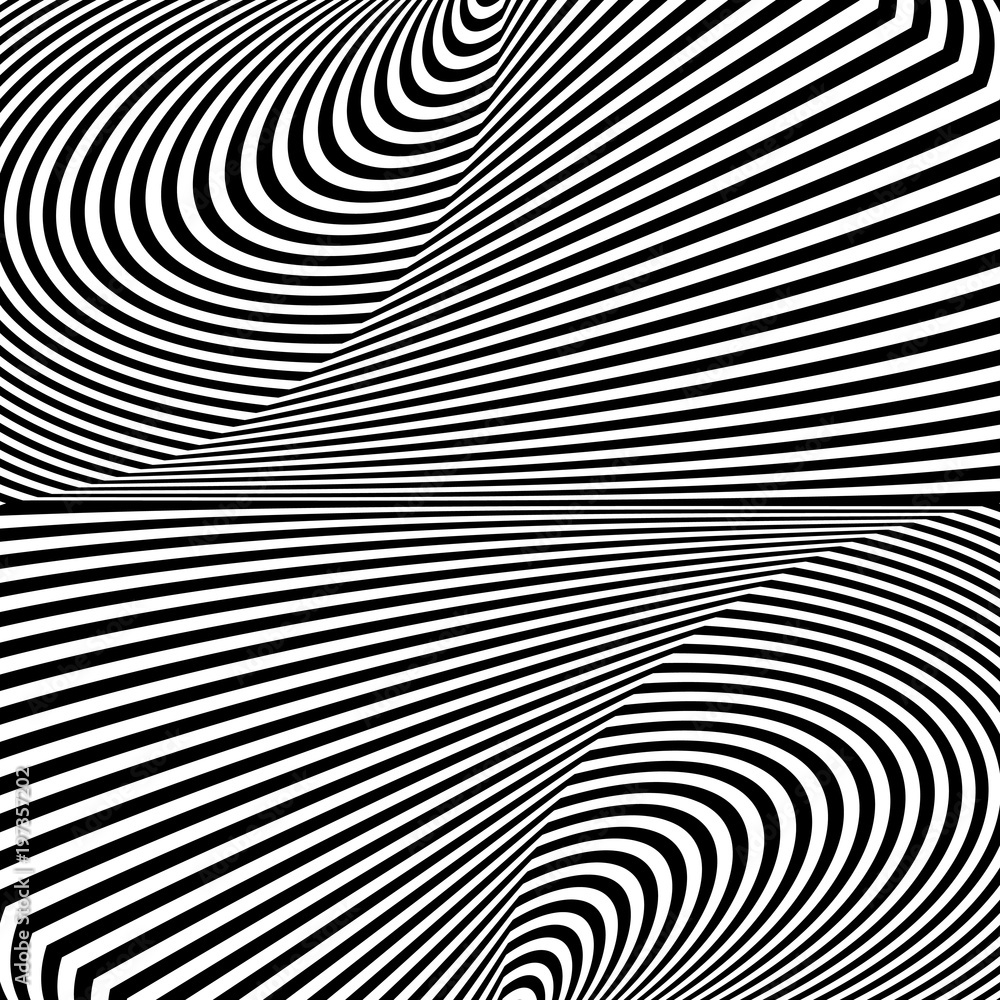 Abstract black and white striped background. Geometric pattern with visual distortion effect. Illusion of rotation. Op art. Abstract black and white striped background. Geometric pattern with visual distortion effect. Illusion of rotation. Op art.