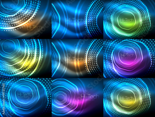 Set of magic neon shape abstract background, shiny light effect template for web banner, business or technology presentation background or elements