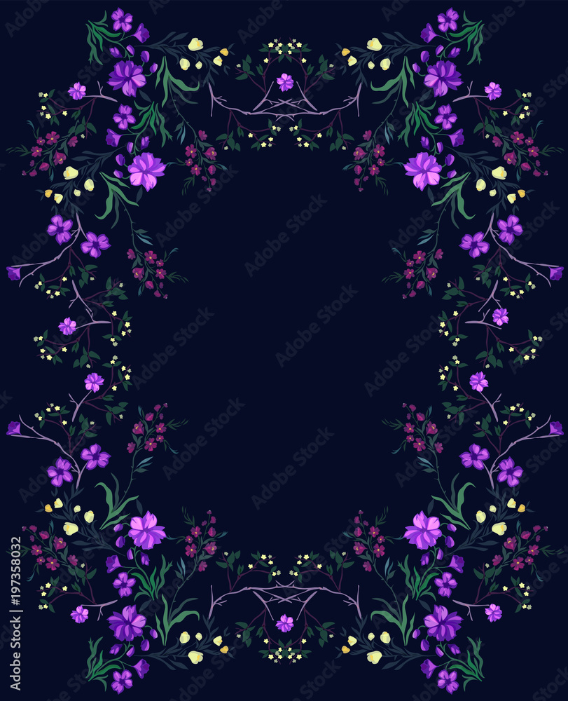 Botanical pattern with cherry and flowers. Vector floral motifs for fabric print and embroidery.
