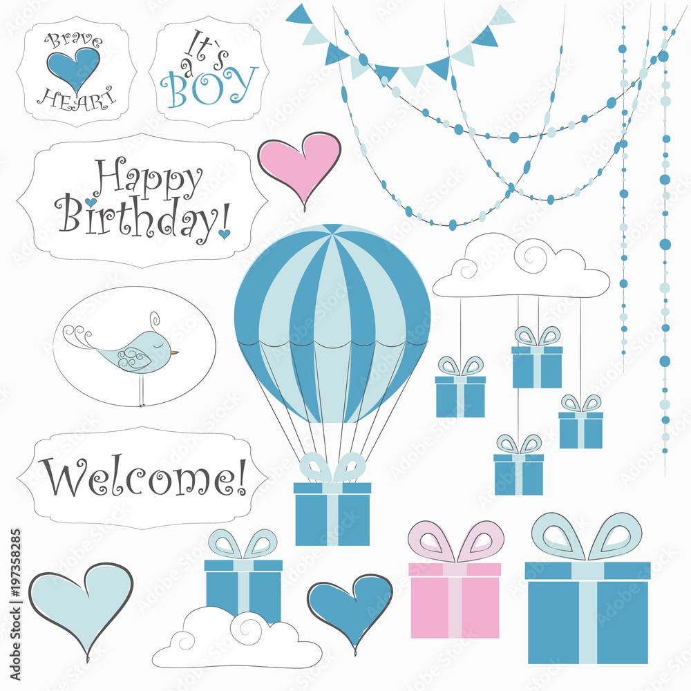 Summer doodle kid set. Simple design of cute stickers, balloons, clouds, garland, gift boxes and other individual elements perfect for newborn card, banners, stickers and other kid's things.