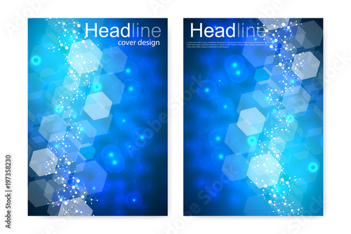 Vector templates for brochure magazine leaflet flyer cover booklet annual report. Modern futuristic hexagonal pattern with particle, molecule structure for medical, technology, chemistry, science.