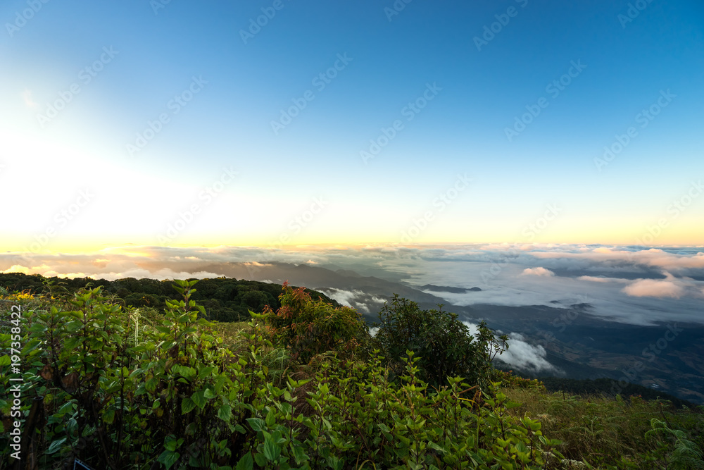 sunrise in morning at kew mae pan with cloudy and fog