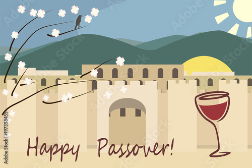 pesach greetings, Jerusalim spring view vector background