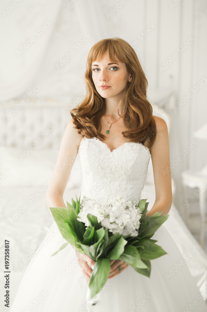 Portrait of beautiful bride with fashion veil at wedding morning Portrait of beautiful bride with fashion veil at wedding morning