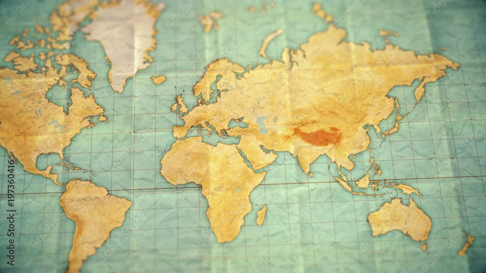 vintage sepia colored world map - zoom in to Asia - blank version.
