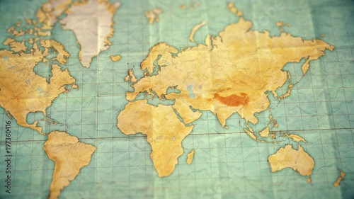 vintage sepia colored world map - zoom in to Asia - blank version.