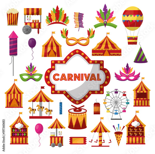 carnival set tent carousel ferris mask fireworks drum balloon vector illustration