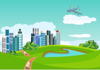 Gordijnen Koraalgroen Countryside landscape concept. City buildings in green hills, blue lake, road ribbon, plane in the sky, vector illustration.  © Massaget