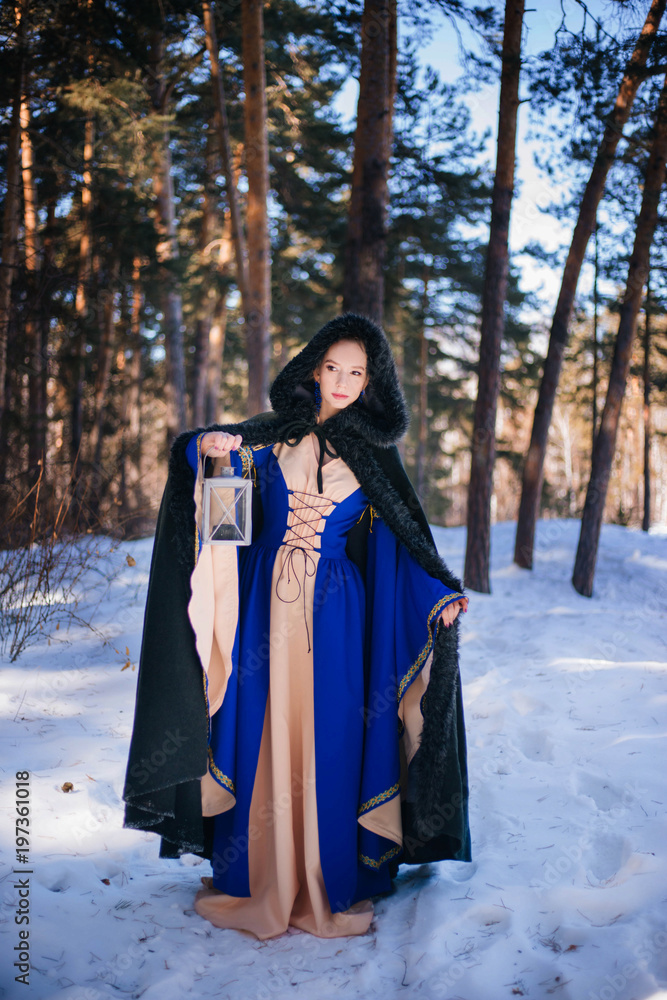 Beautiful girl in a medieval dress in blue and in a warm raincoat. A model  with white hair in a winter forest with a large lamp. Stock Photo | Adobe  Stock
