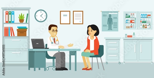Medicine concept with doctor and patient in flat style. Practitioner doctor man and young woman patient in hospital medical office. Consultation and diagnosis.