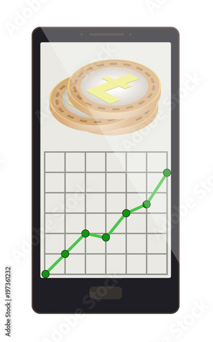 litecoin coins with growth graph on a phone screen
