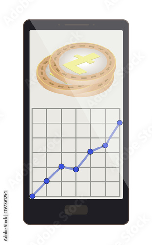 litecoin coins with growth graph on a phone screen