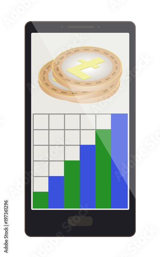 litecoin coins with growth graph on a phone screen