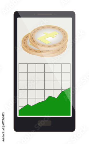litecoin coins with growth graph on a phone screen