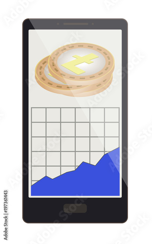 litecoin coins with growth graph on a phone screen