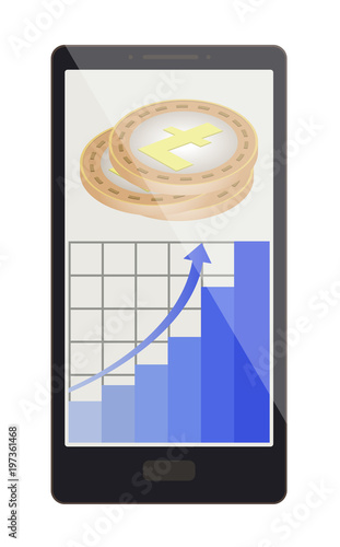 litecoin coins with growth graph on a phone screen