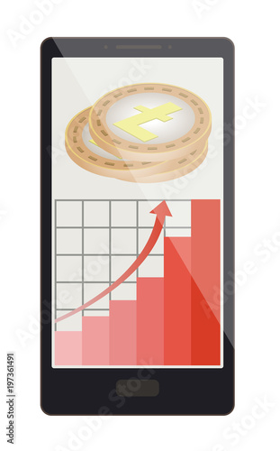 litecoin coins with growth graph on a phone screen